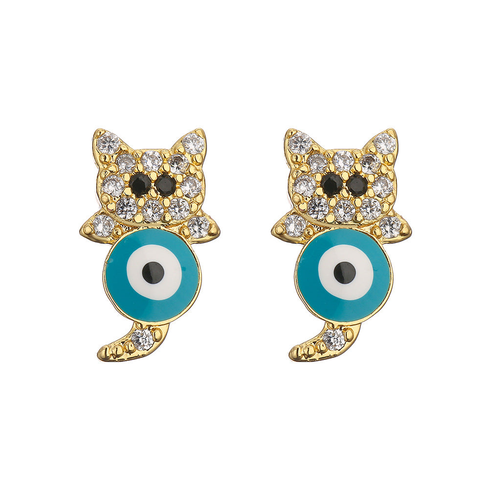 Orecchini geometrici da donna a forma di gatto, in rame con placcatura in oro 18K e finitura smaltata