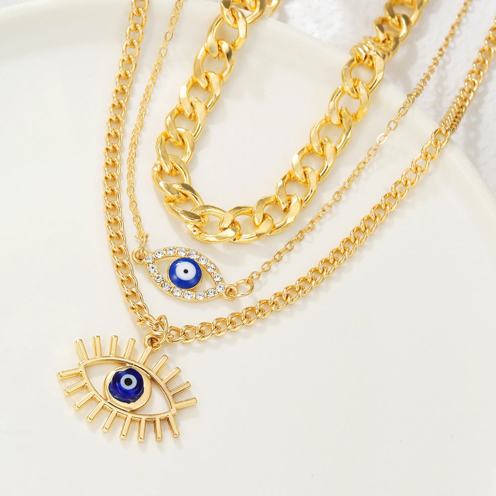Geometric Blue Evil Eye Rhinestone Inlay Alloy Pendant Necklace with OT Clasp for Unisex