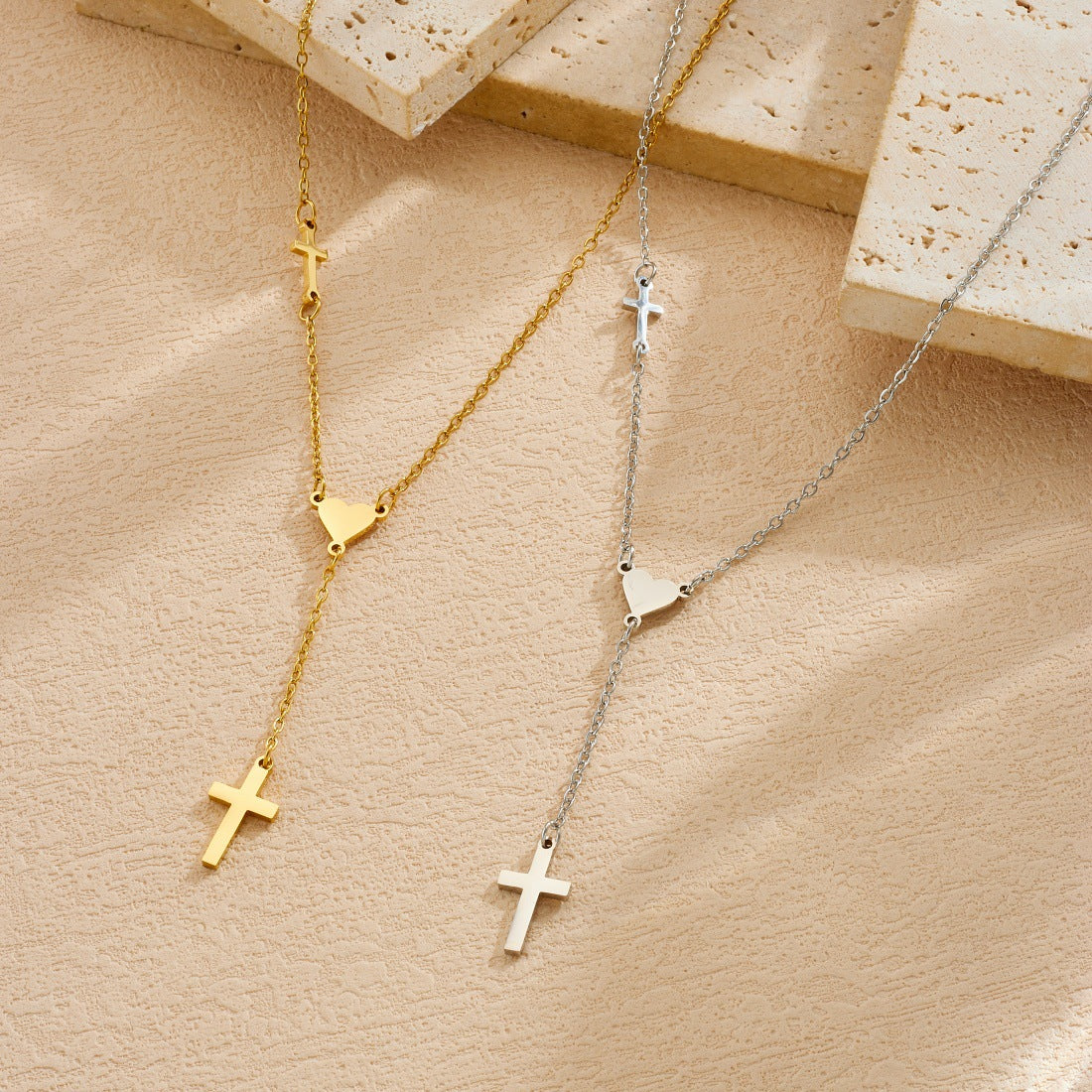 Gold Plated Stainless Steel Cross Heart Pendant Necklace with Tassel for Women