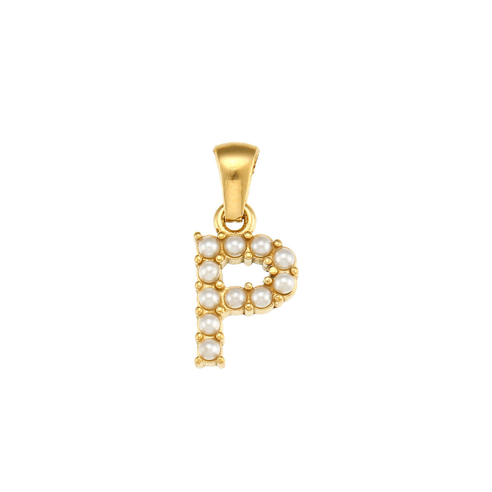 Minimalist Letter Pendant Necklace Stainless Steel with 18K Gold Plating Micro-Pave Zirconia and Pearl Accents