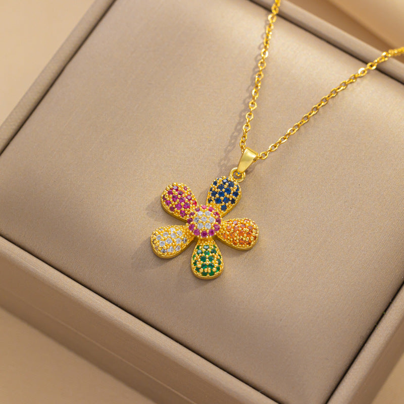 Collana minimalista con ciondolo a girasole da donna in acciaio al titanio con intarsio di strass e catena a O