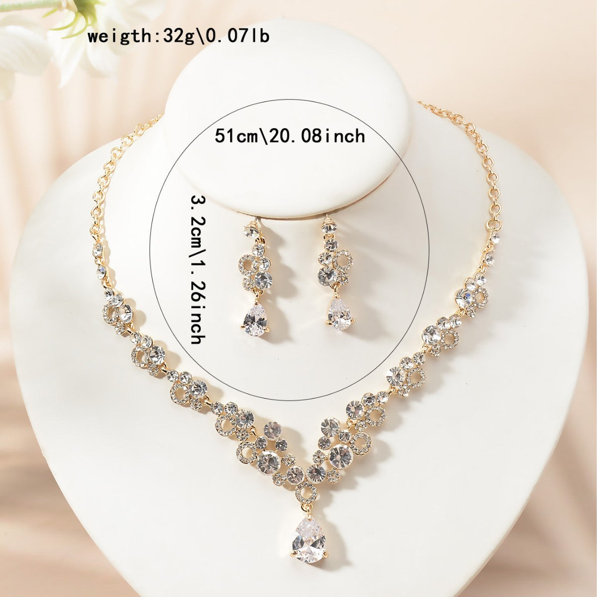 Luxury Elegant Cubic Zirconia Inlay Rhinestone Heart Teardrop Round Pendant Necklace and Earring Set for Women Wedding Party