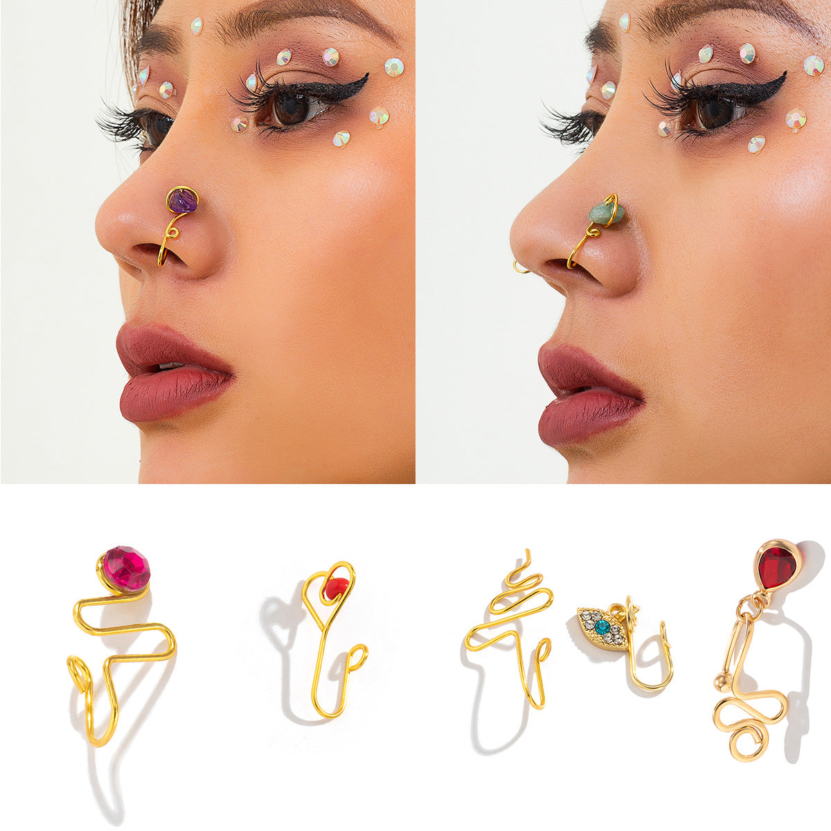 Minimalist Geometric Teardrop Star Moon Brass Plated Nose Clip with Turquoise Inlay for Women