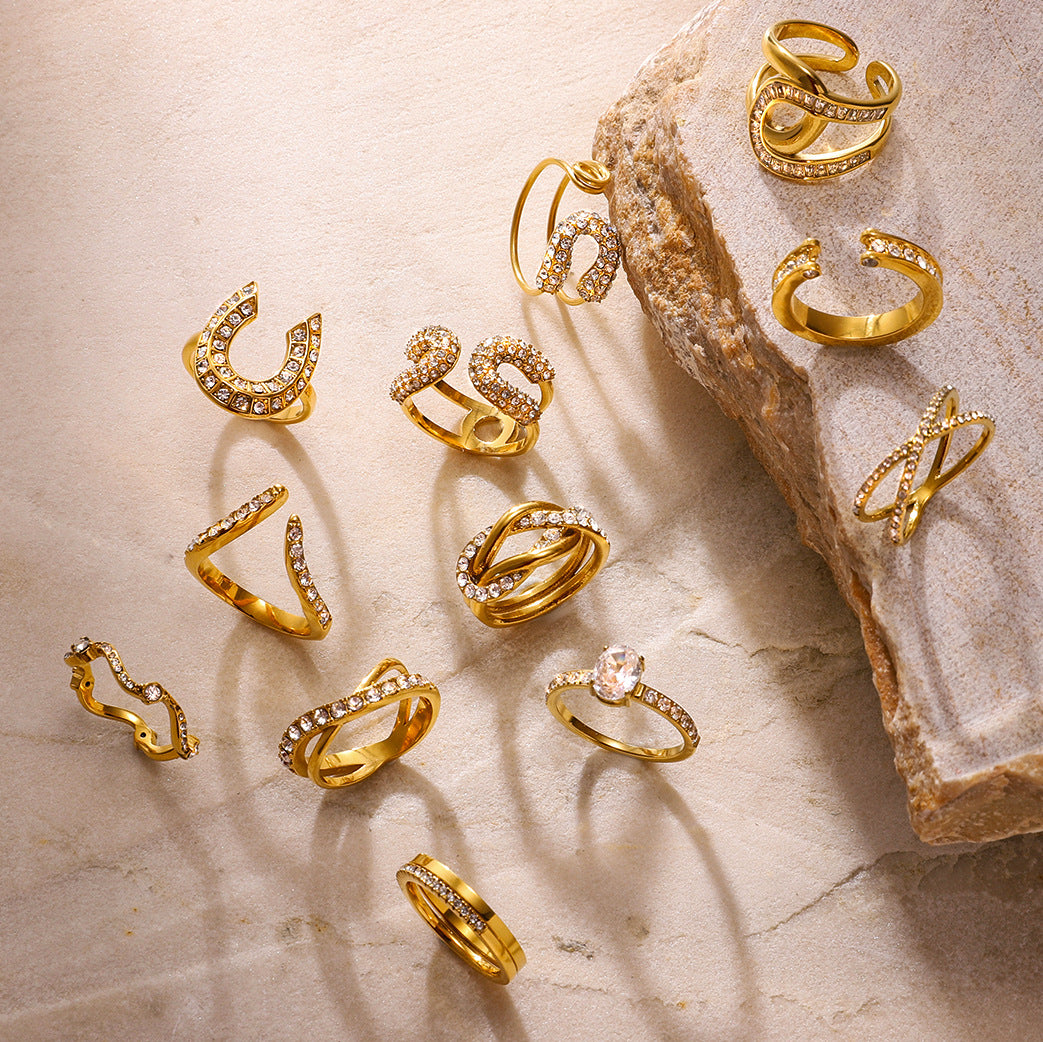 Anello da Donna Geometrico Placcato in Acciaio Inossidabile con Zirconi, Gioielli Minimalisti e di Tendenza