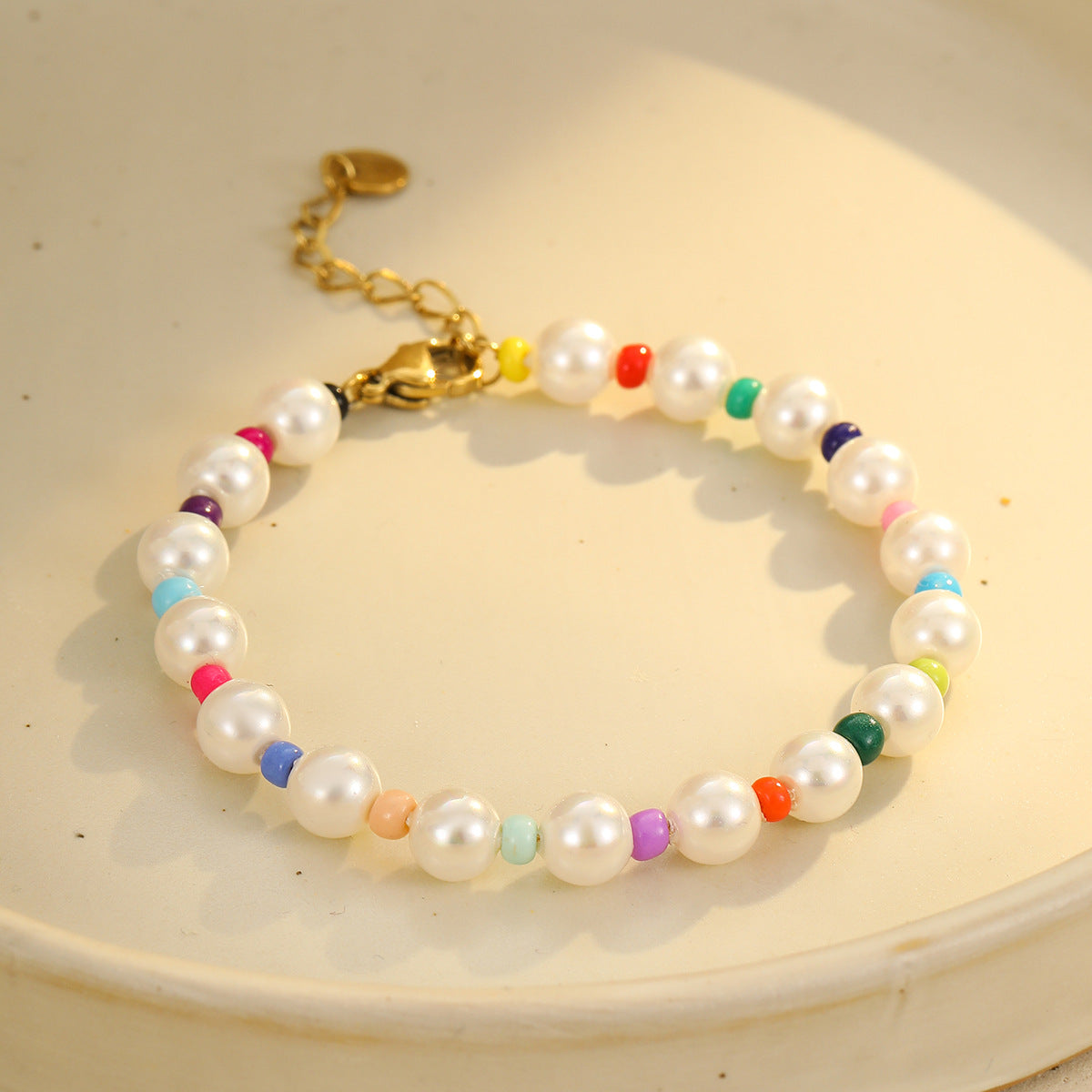 Bohemian Style Geometric Stainless Steel Plated Bracelet with Colorful Beads and Pearl Accents for Women