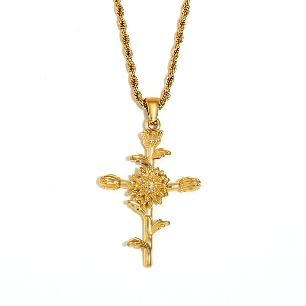 Vintage French-Style Floral Pendant Necklace in Stainless Steel with 18K Gold Plating for Women