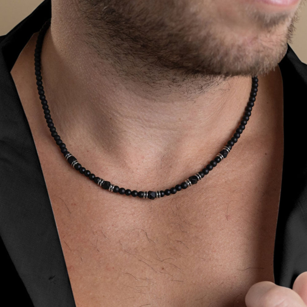 Hip-hop Punk Geometric Round Matte Stainless Steel Beaded Necklace with Alloy and Agate Pendant
