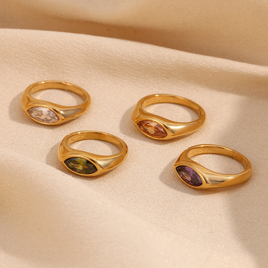 Minimalist Geometric Stainless Steel Ring with 18K Gold Plating and Marquise Zircon Stone for Women