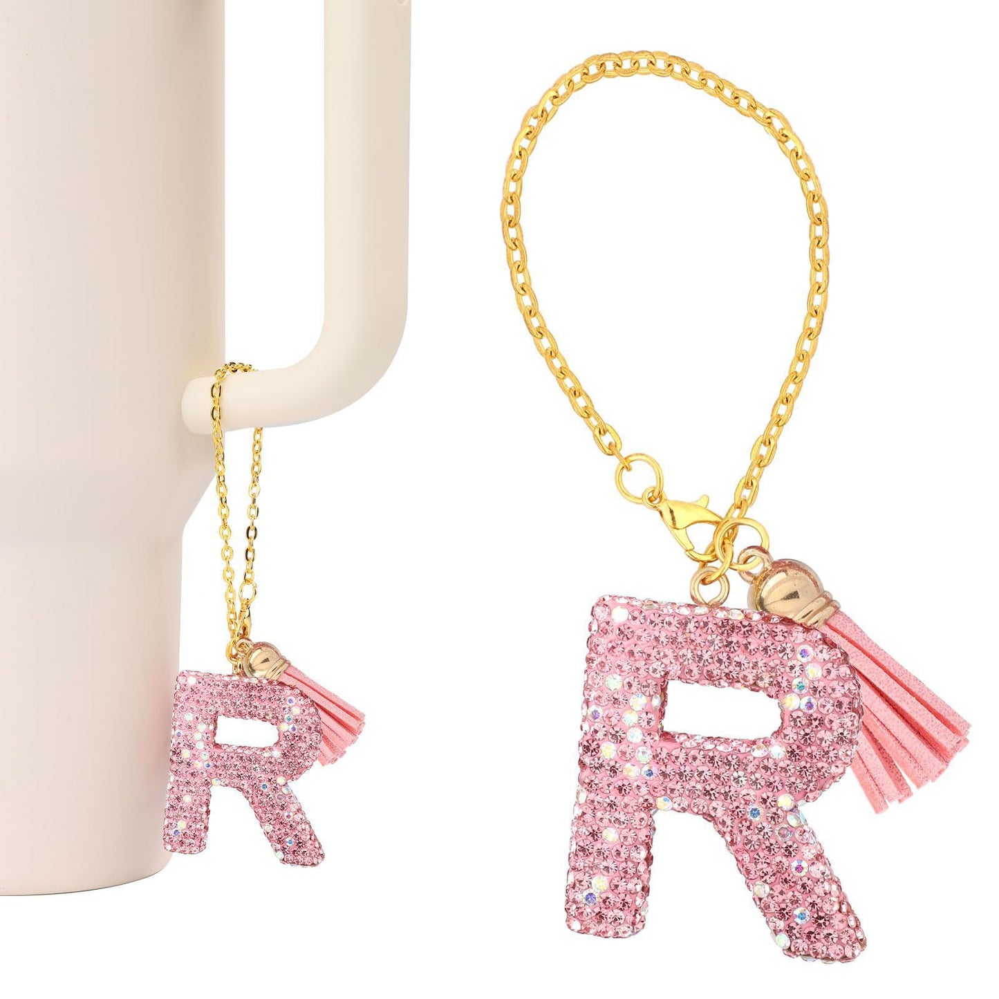 Minimalist Geometric Letter Ceramic Pendant with Gold Adjustable Chain Pink Tassel and Glitter Sequins