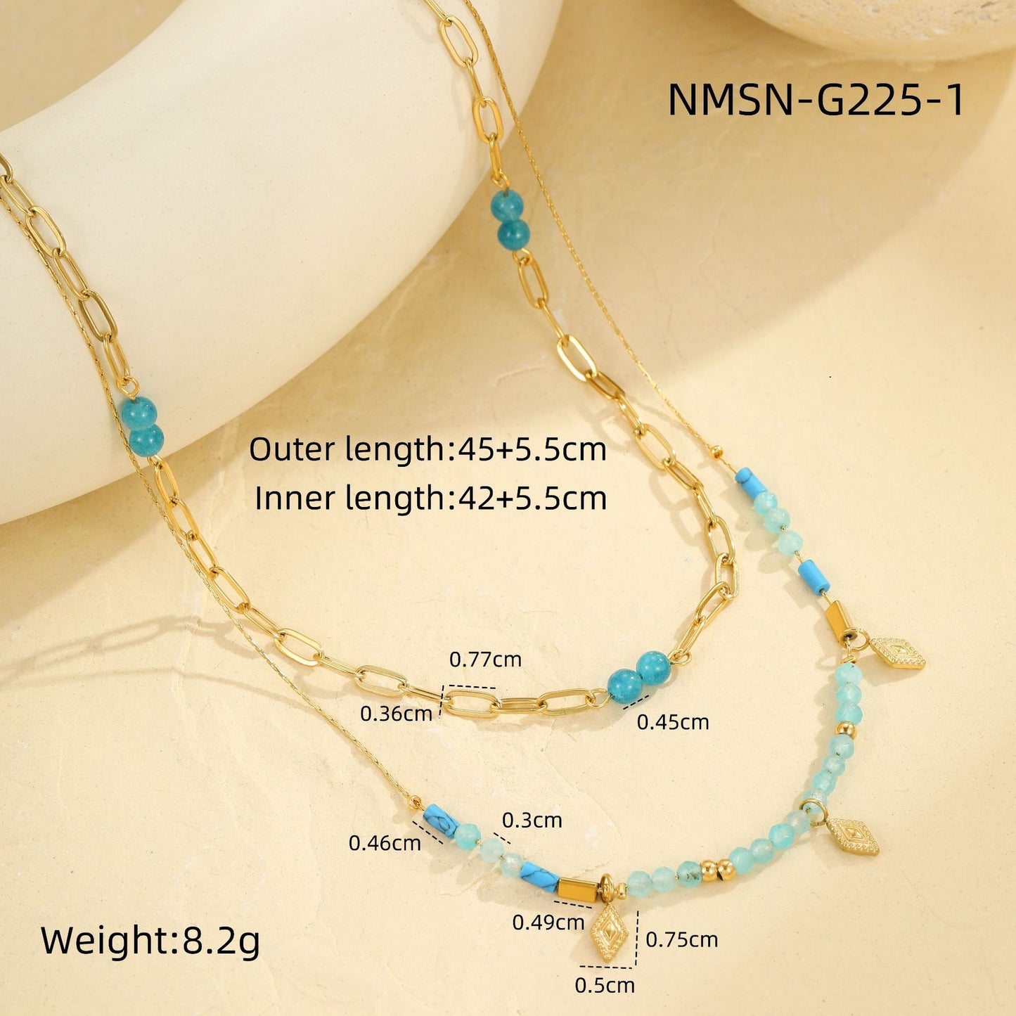 Collana a doppio strato in acciaio inossidabile con geometria vintage e perle di pietra naturale per donna, con catena clavicola e finitura placcata