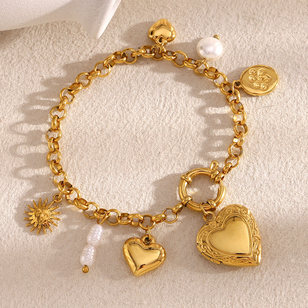 Fashionable OL Style Heart-Shaped Stainless Steel Plated 18K Gold Circle Link Bracelet for Women