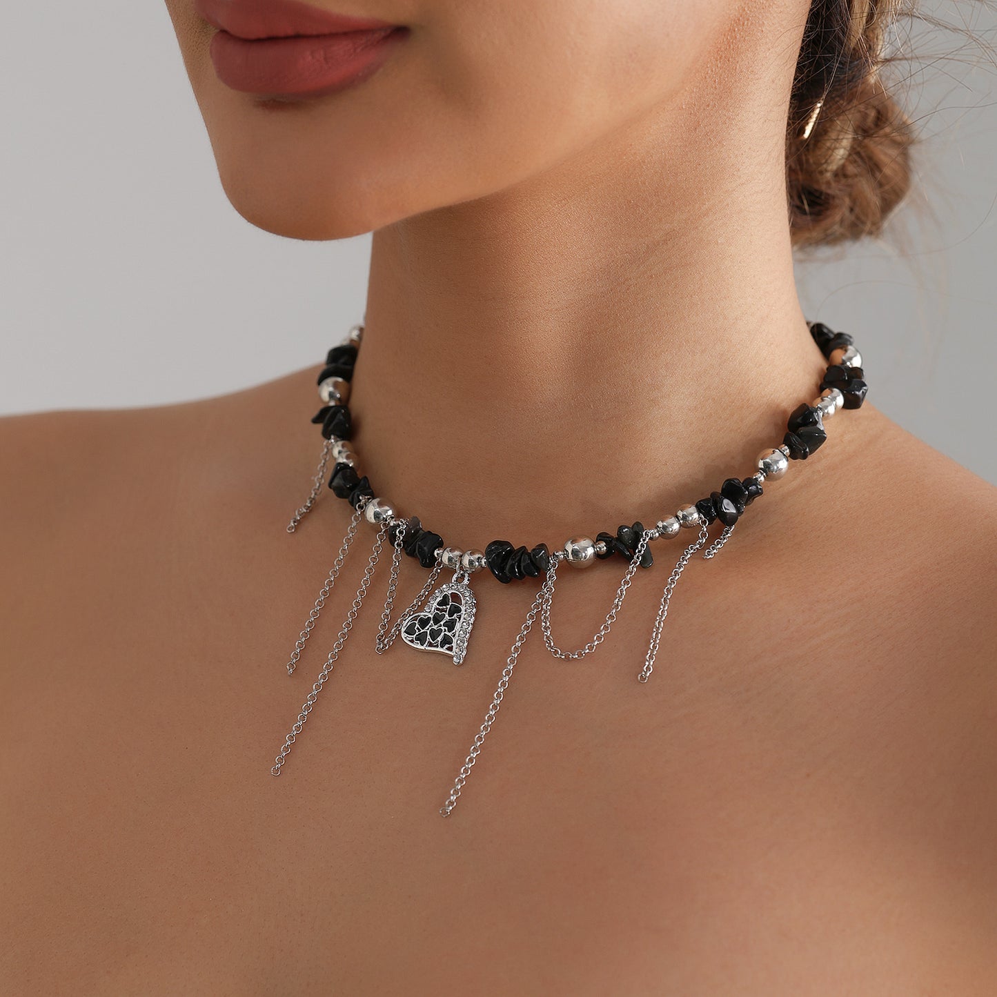 Vintage Streetwear Heart Geometric Alloy Plated Necklace with Tassel for Women