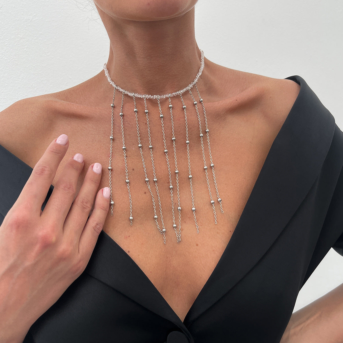 Minimalist Cross Pendant Clavicle Necklace for Women with Imitation Pearl Accents and Crystal Tassels on Electroplated Alloy Chain