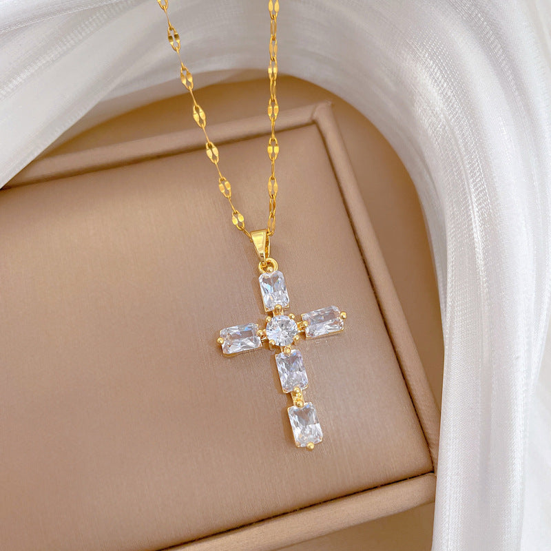 Sweet Minimalist Cross Geometric Rhinestone Titanium Steel Necklace for Unisex