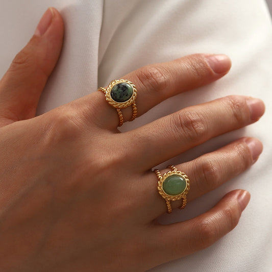 Vintage Style Geometric Stainless Steel Ring with Natural Stone Inlay for Women, Adjustable Open Band Fashion Ring