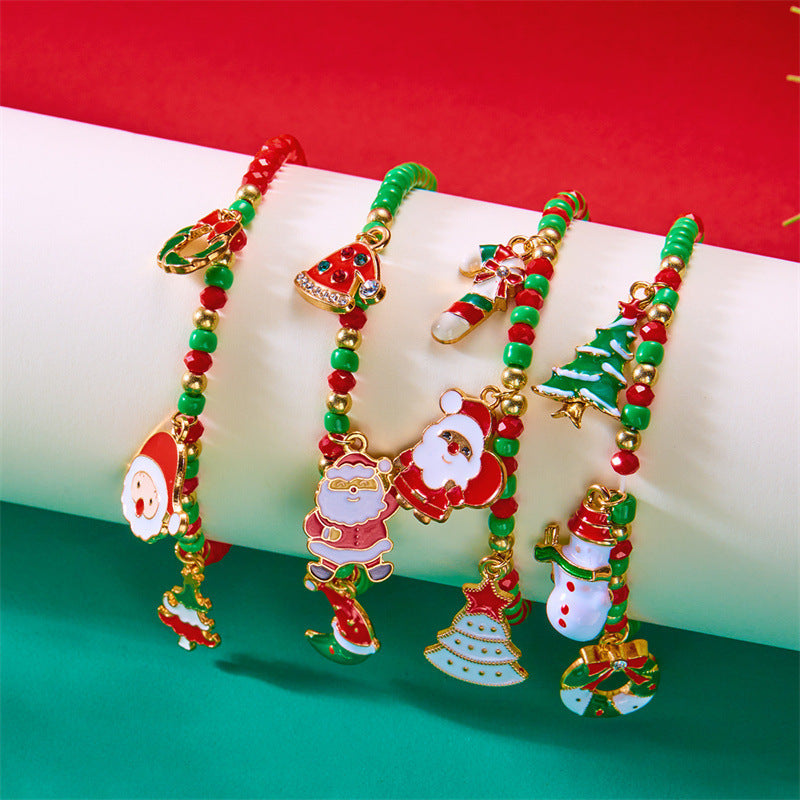 Bracciale natalizio alla moda da donna con ciondoli a forma di Babbo Natale e pupazzo di neve, design con perline, finitura galvanizzata, accessorio a tema festivo