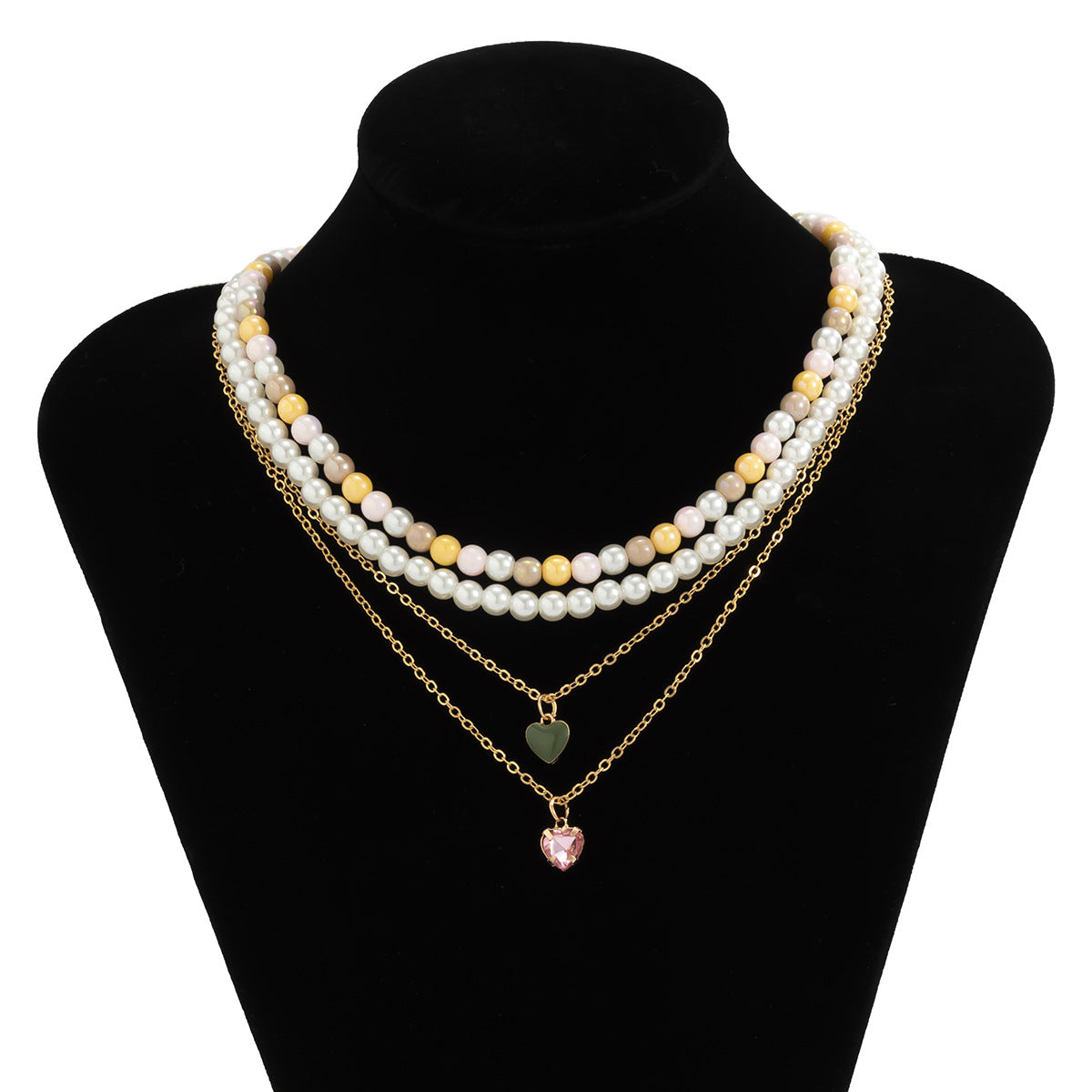 Retro French Palace Style Heart-Shaped Alloy Necklace Set with Rhinestone Inlay for Women Multi-Layered Geometric Pendant Jewelry