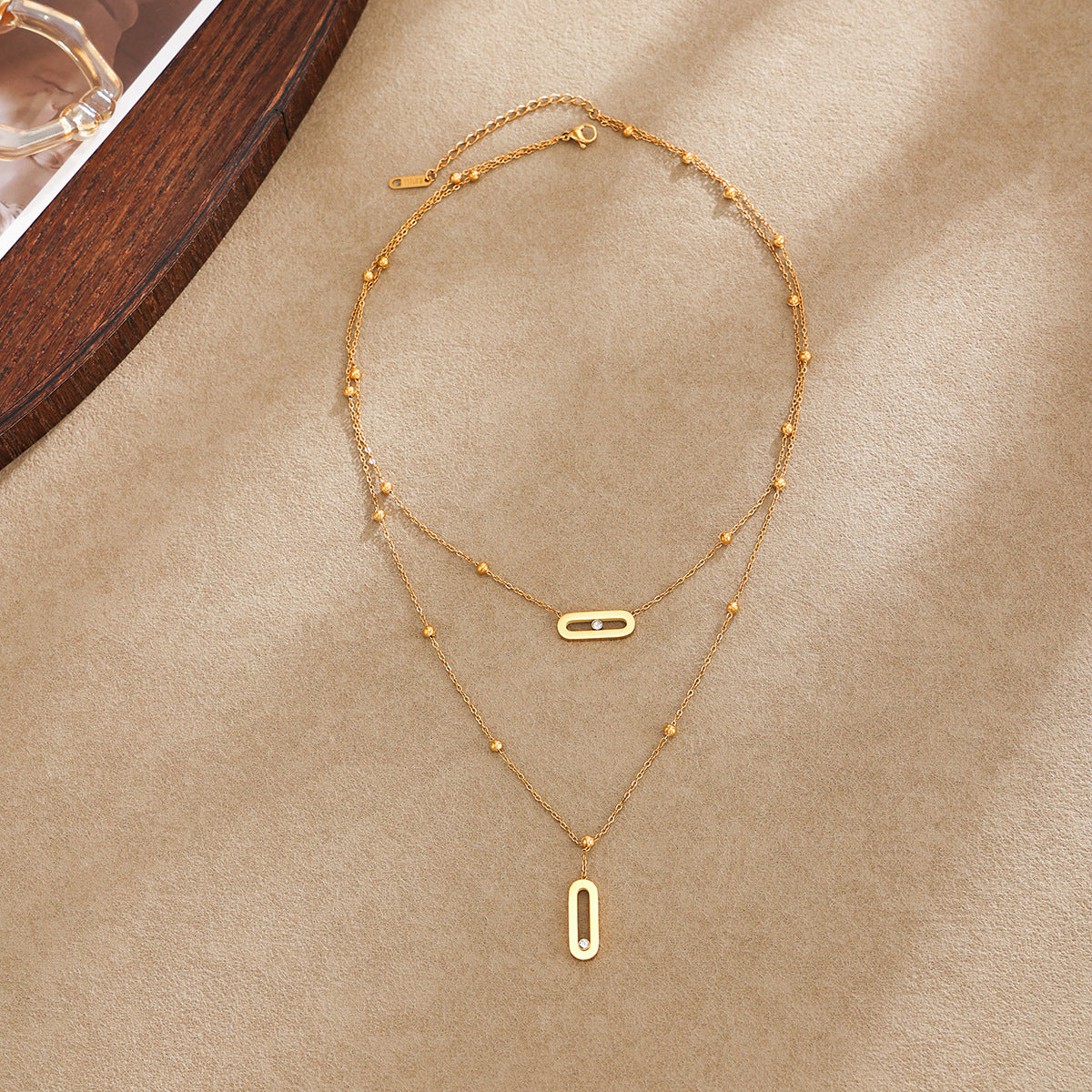 Luxury Elegant Geometric Round Pin Stainless Steel PVD Plated Layered Necklace for Women