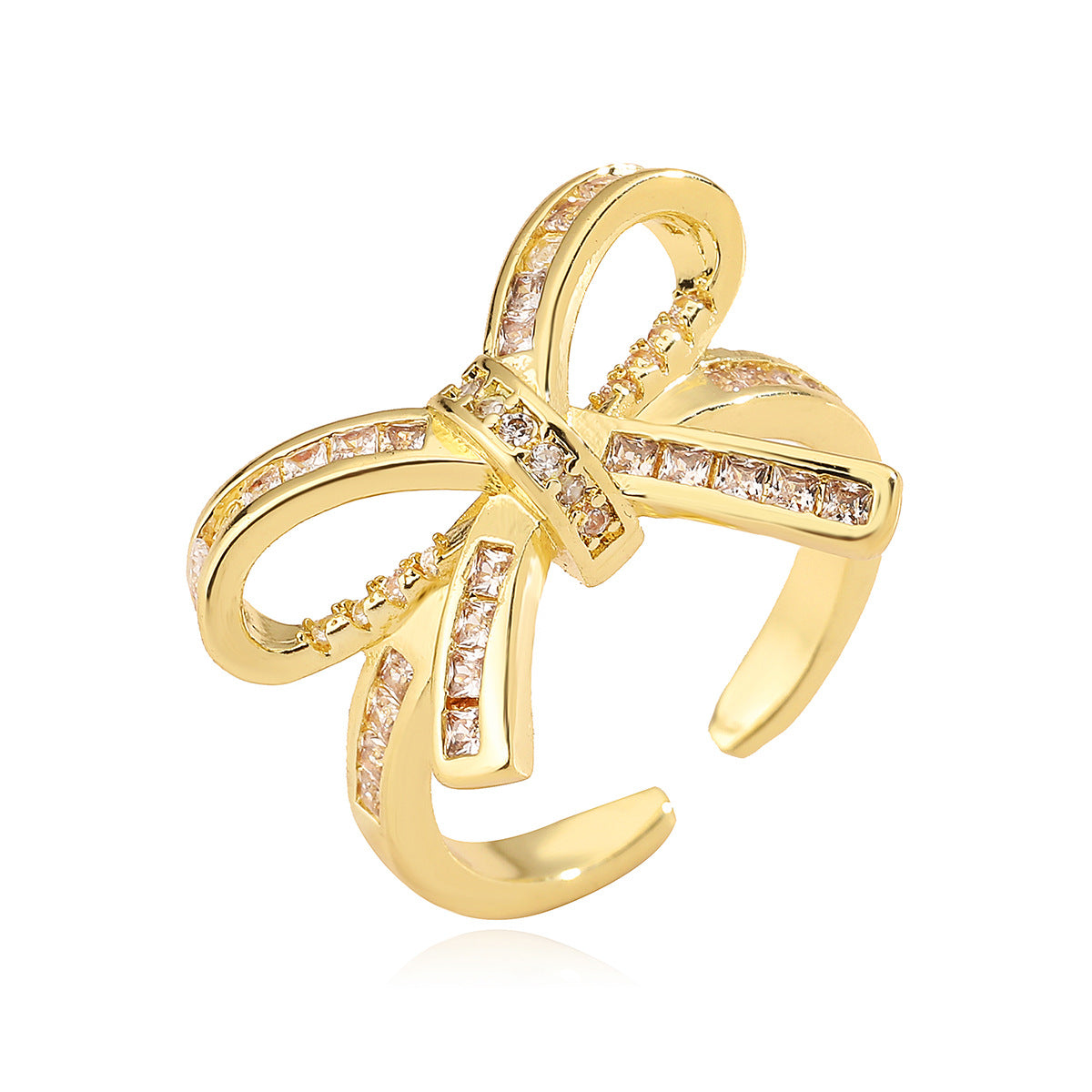Sweet 18K Gold Plated Brass Geometric Bow Knot Ring with Cubic Zirconia for Women