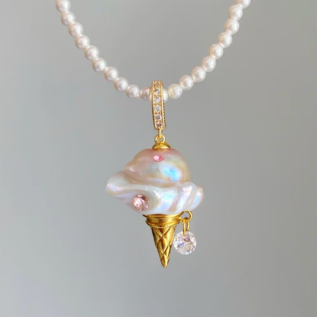 Cute Ice Cream Shaped Geometric Pendant Necklace for Women with Plated Copper Chain and Fresh Sweet Style