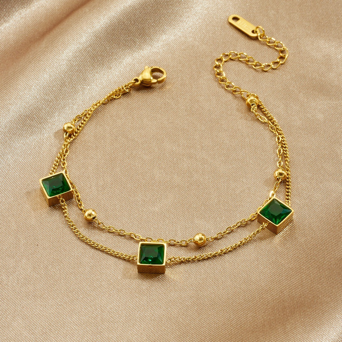 Gold Plated Stainless Steel Square Geometric Pendant Bracelet with Rhinestone and Green Glass Inlay for Women