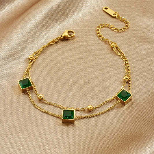 Gold Plated Stainless Steel Square Geometric Pendant Bracelet with Rhinestone and Green Glass Inlay for Women