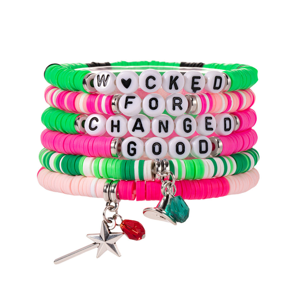 Casual Handmade Polymer Clay and Acrylic Letter Bead Stretch Bracelet