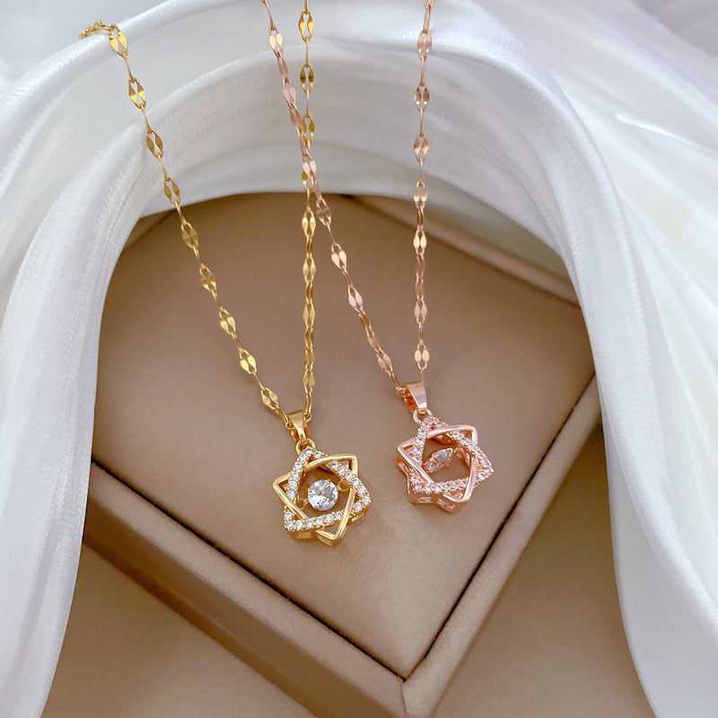Collana con ciondolo a stella esagonale con strass, in acciaio al titanio, con motivo lunare, dolce e fresca, di lusso