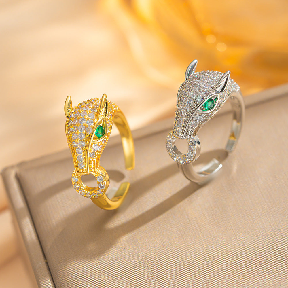 Luxury Hip Hop Leopard Ring for Women in Gold Plated Copper with Zirconia Geometric Animal Design