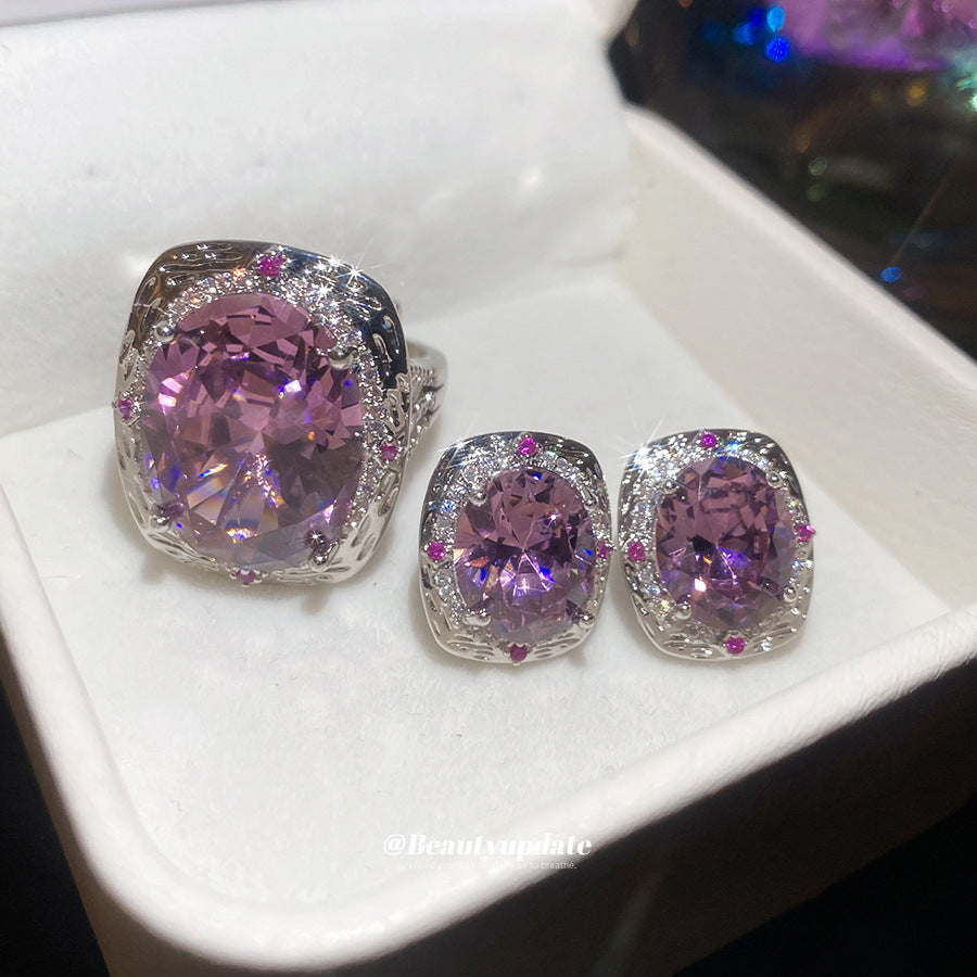 Elegante conjunto de pendientes y anillo de cobre con circonitas ovaladas para mujer, con estampado floral y estilo de lujo minimalista a la moda