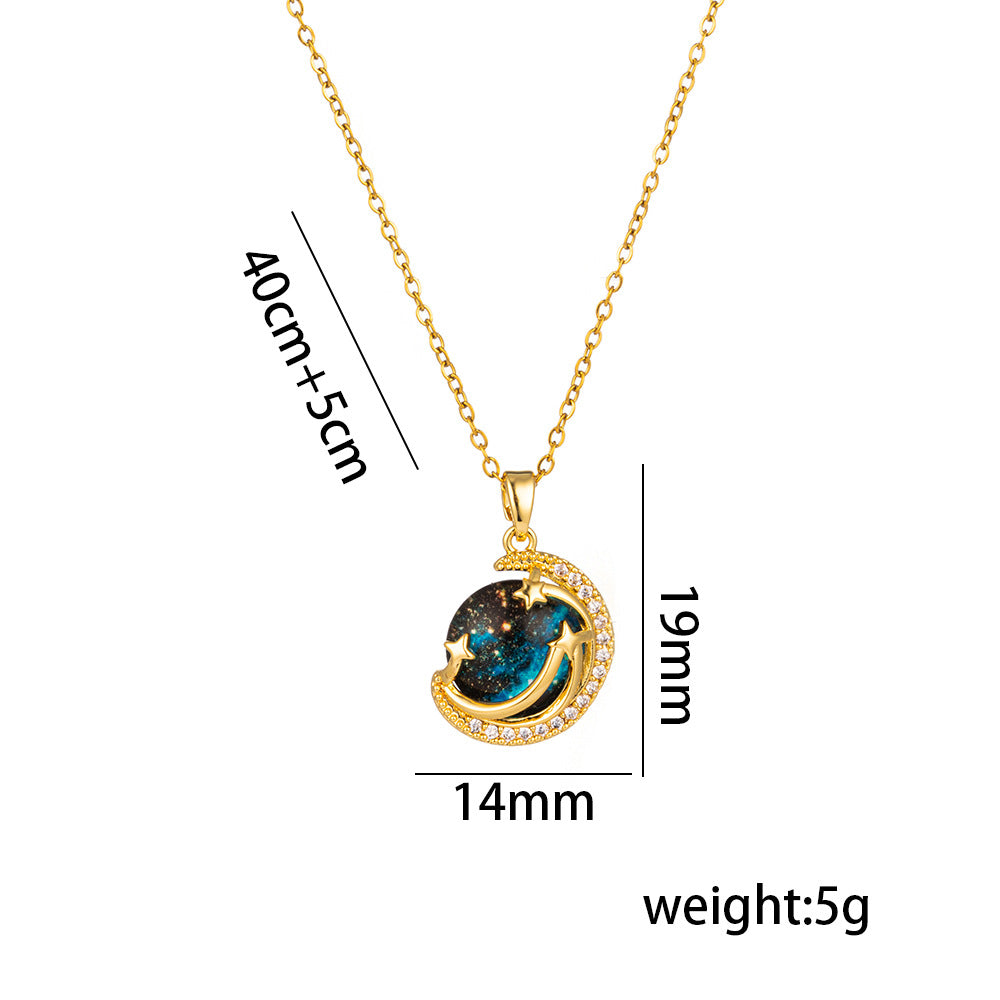Collar de lujo de planeta geométrico para mujer, chapado en acero titanio con circonita micropavé, cadena de clavícula de cielo estrellado azul