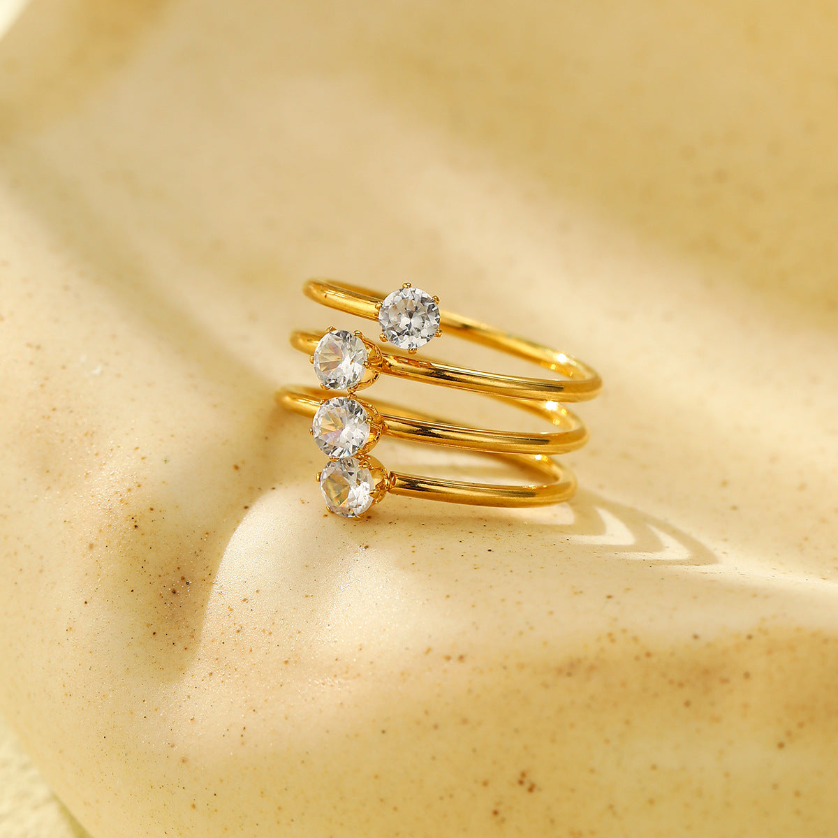 Minimalist Geometric Three-Layer Open Ring with Four Round Cubic Zirconia Stones Plated in 18K Gold Stainless Steel Women's Fashion Jewelry