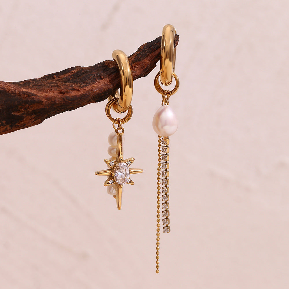 Asymmetrical Geometric Stainless Steel Earrings with Freshwater Pearl and Zircon Star Pendant for Women