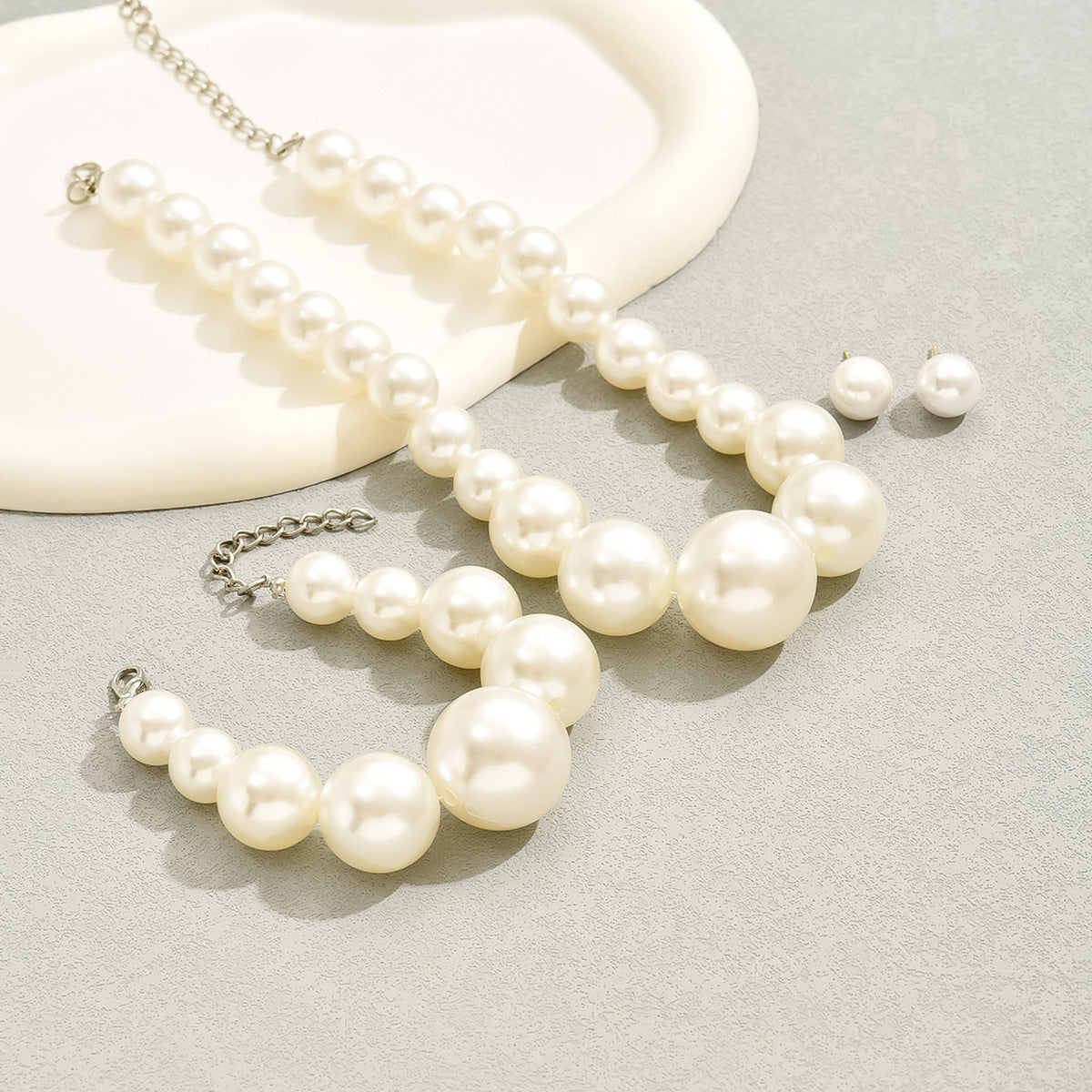 Minimalist Baroque Style Pearl Stud Earrings Pearl Necklace and Bracelet Set with Mother of Pearl Pendants on Ball Chain for Women
