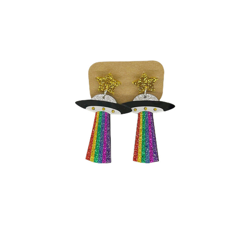 Pendientes de platillo volador alienígena OVNI con luna, estrella, vaca, gato y arco iris de acrílico extragrande para mujer con detalle cortado a láser
