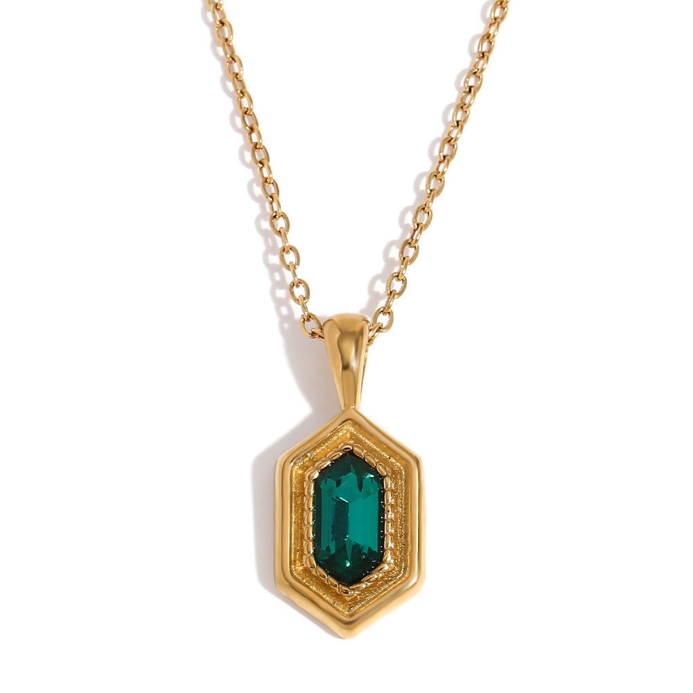 Minimalist Hexagonal Green Rhinestone Pendant Necklace for Women in Stainless Steel with 18K Gold Plating