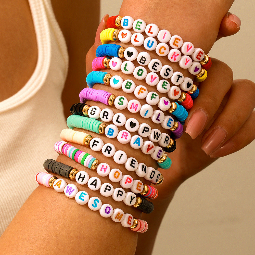 Bohemian Geometric Letter Polymer Clay Brass Acrylic Bracelet Set for Women