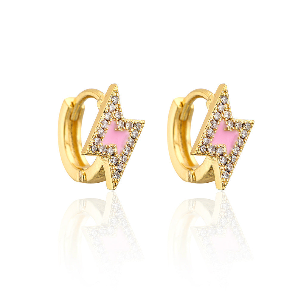Orecchini minimalisti geometrici in rame con placcatura in oro 18 carati e design a fulmine in zircone smaltato da donna