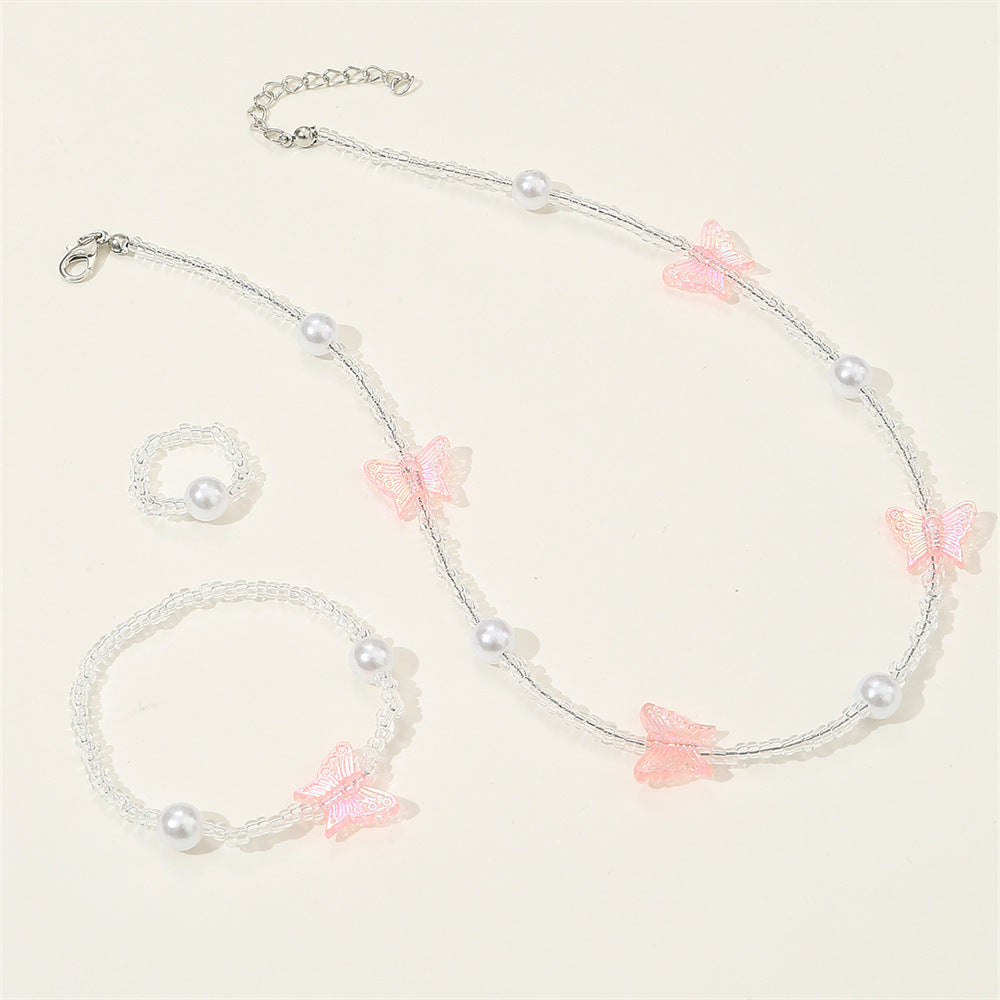 Precioso collar de resina con forma de mariposa para niñas con detalles de perlas, cadena de cuentas redondas, estilo princesa, para mayores de 6 años