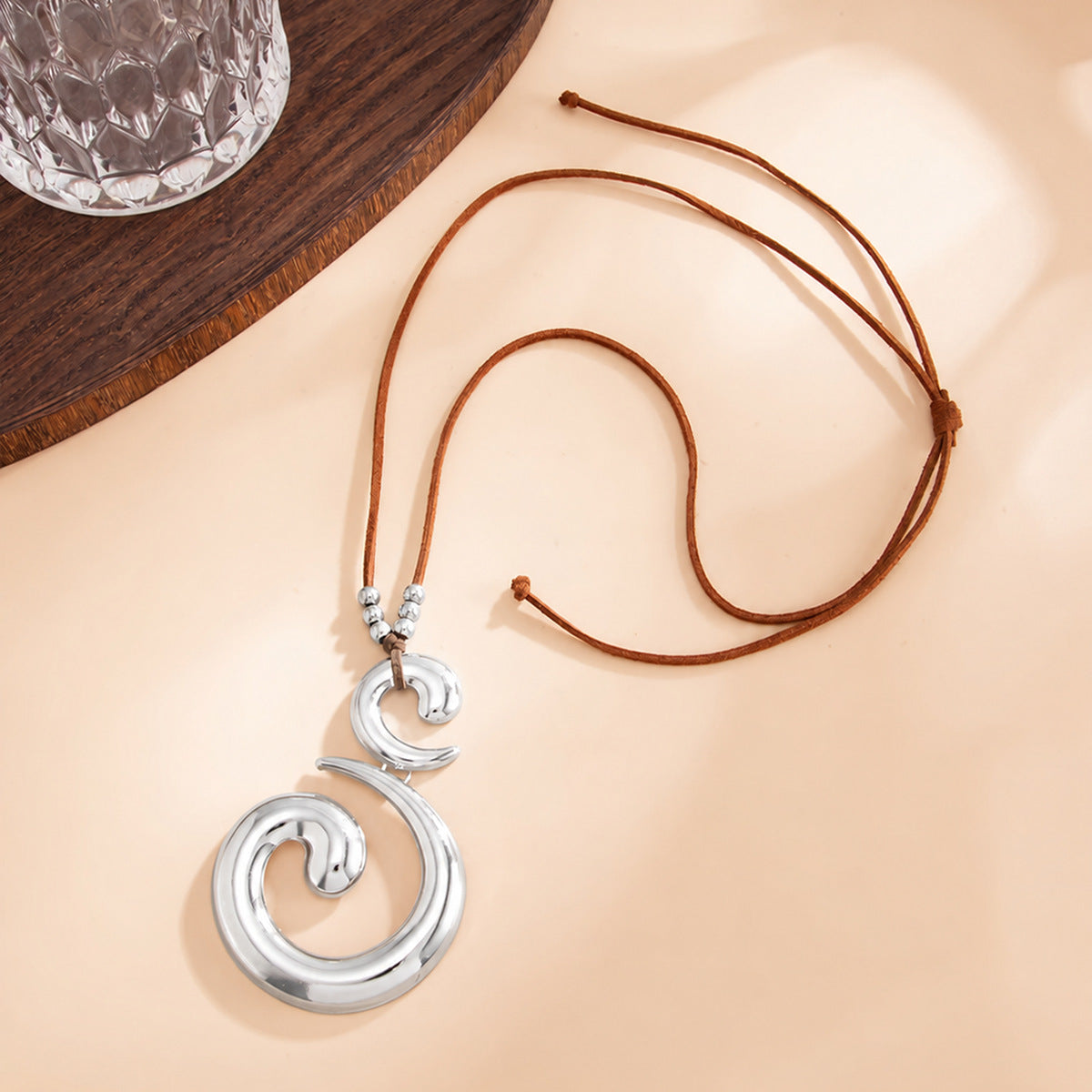 Exaggerated Minimalist Geometric Iron Plated Pendant Necklace with Adjustable Wax Cord for Women