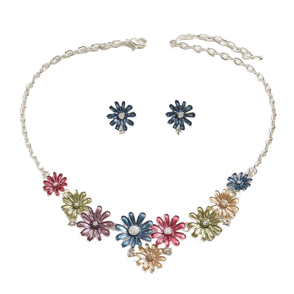 Set di collana e orecchini in lega con fiori margherita alla moda con intarsio di strass per donna
