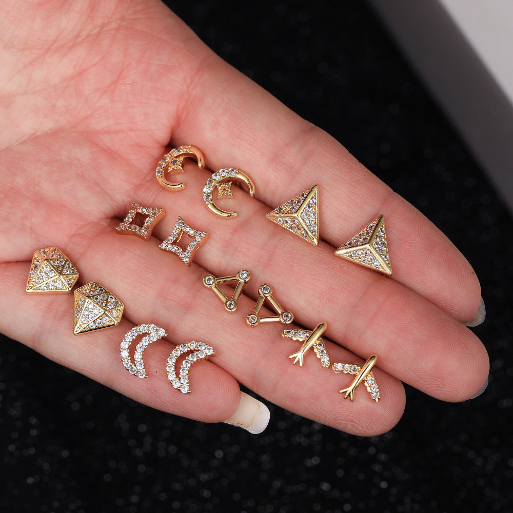Geometric Triangle Star Moon Brass Cubic Zirconia Plated Stud Earrings for Women