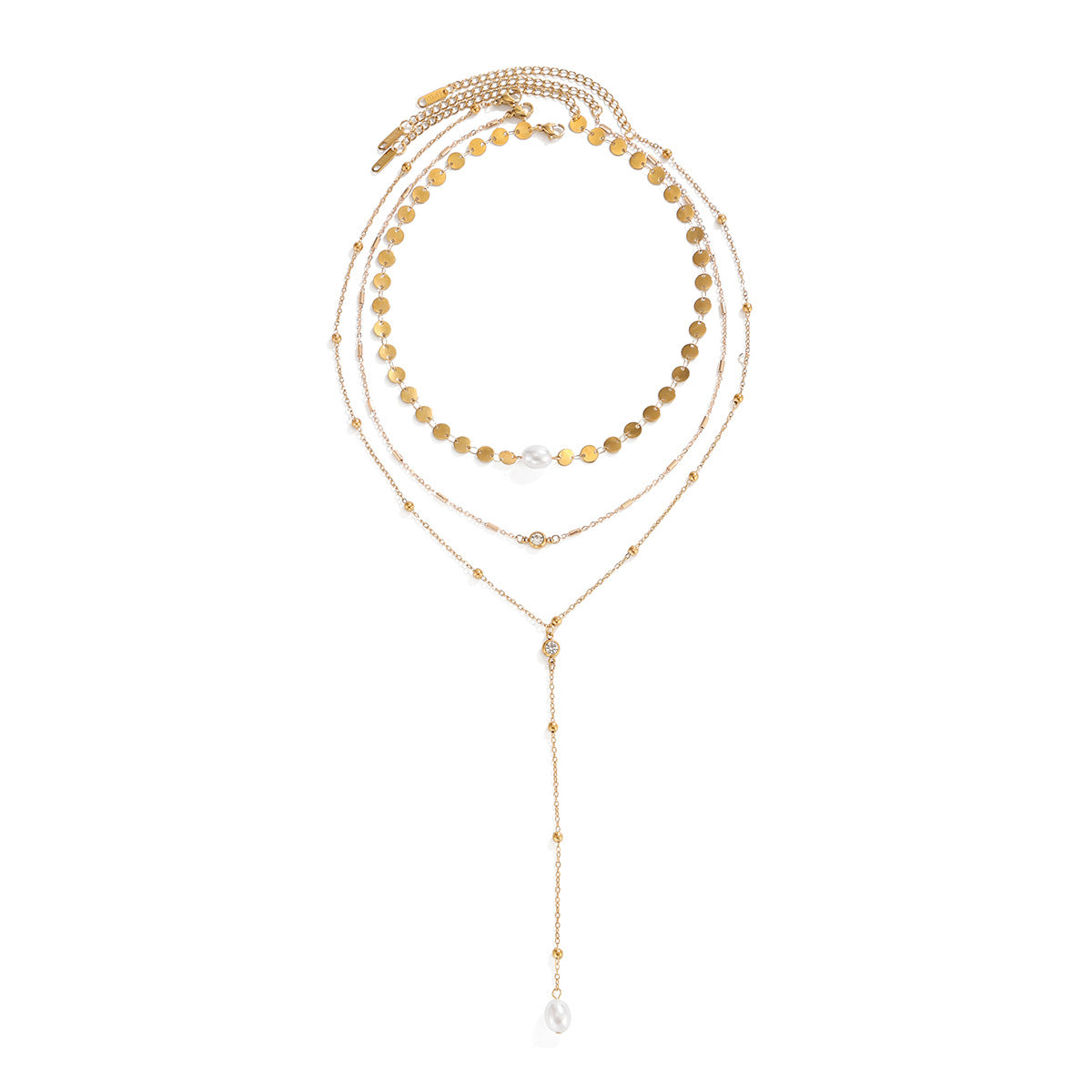 Minimalist PVD Coated Stainless Steel Y-Shape Necklace with Faux Pearl Pendant and Cubic Zirconia Inlay