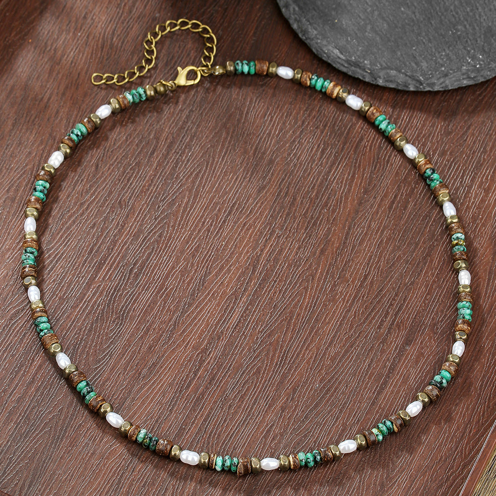 Bohemian Vintage Geometric Coconut Shell Wood Bead Handmade Alloy Necklace with Faux Pearl and Turquoise for Unisex