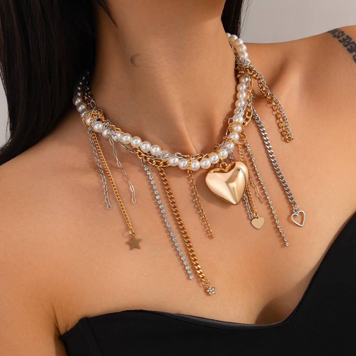 Minimalist Heart Geometric Pearl Pendant Plated Alloy Necklace with Tassel for Women