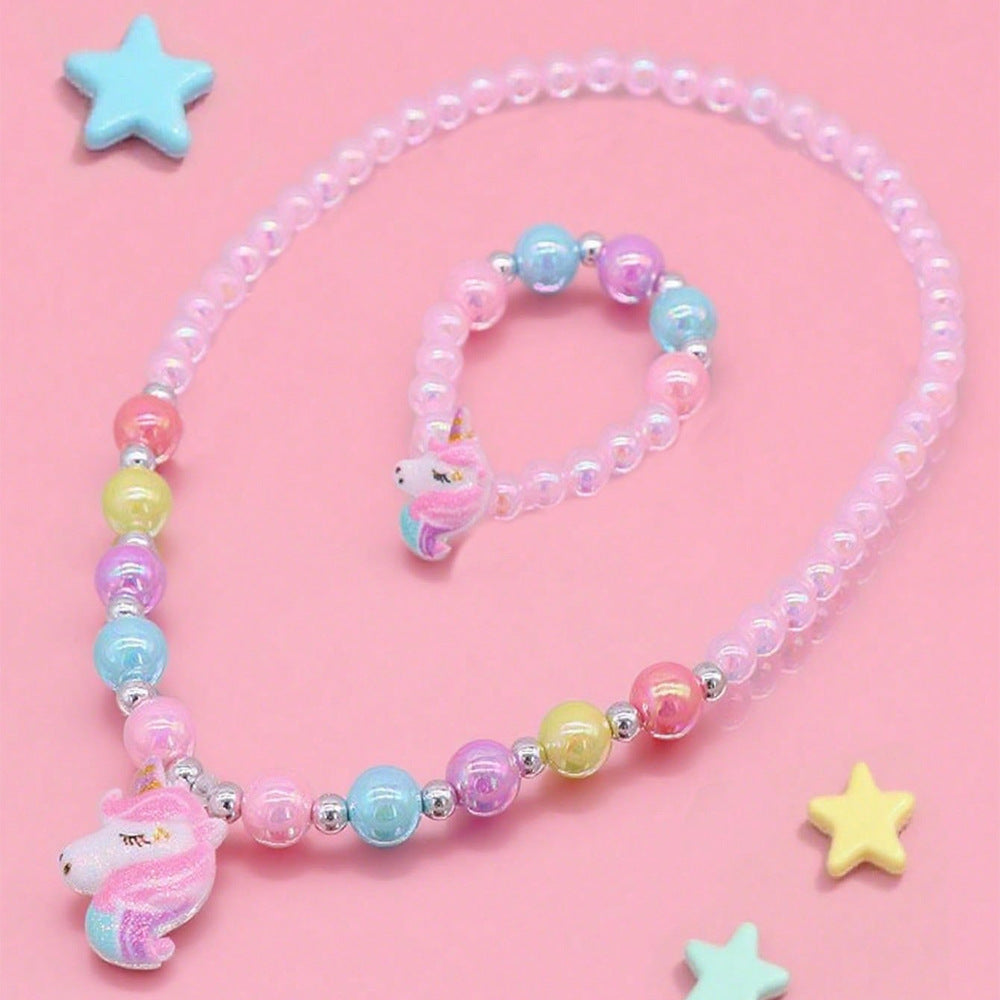 Cartoon Unicorn Pendant Necklace for Kids Made of Resin with Rainbow Dopamine Design on Beaded Chain