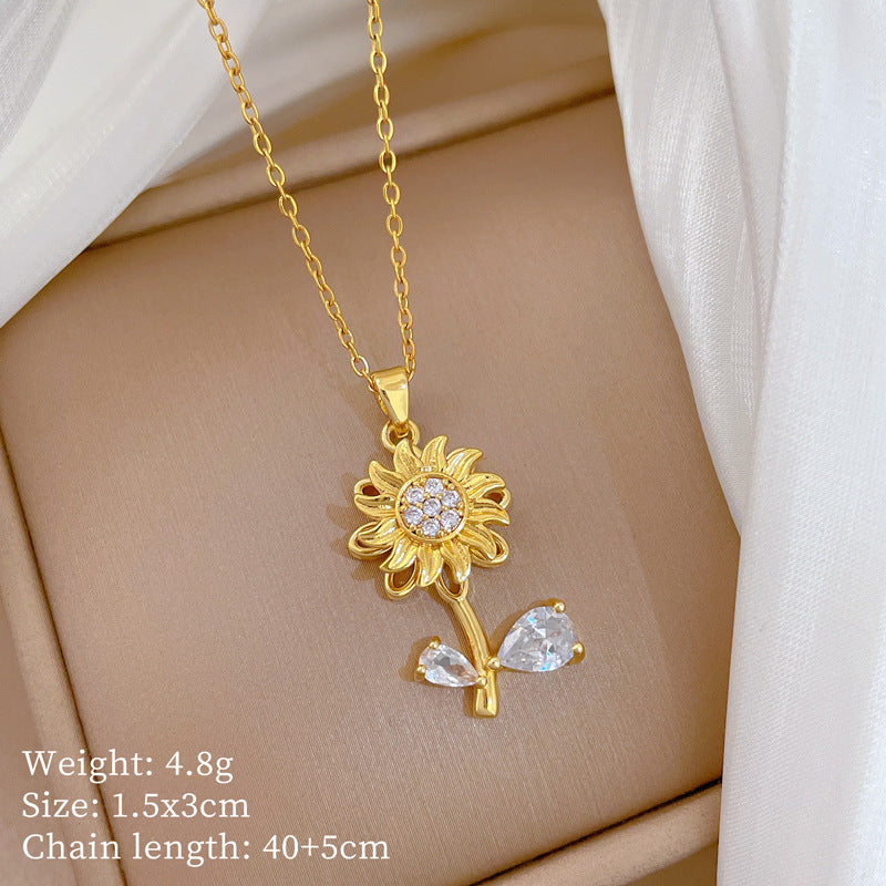 Sweet Minimalist Geometric Floral Rhinestone Plated Titanium Steel Necklace with Brass Pendant for Unisex