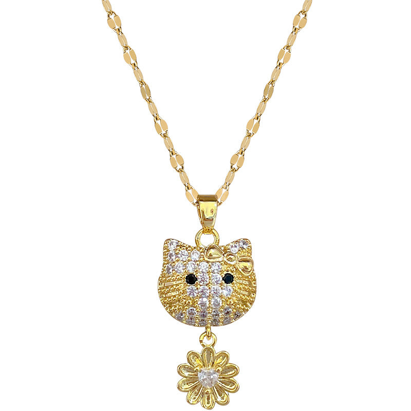 Collana da donna con ciondolo a forma di fiore e gatto in acciaio al titanio di lusso con intarsio in strass, design geometrico, catena regolabile in acciaio al titanio, elegante collana a clavicola