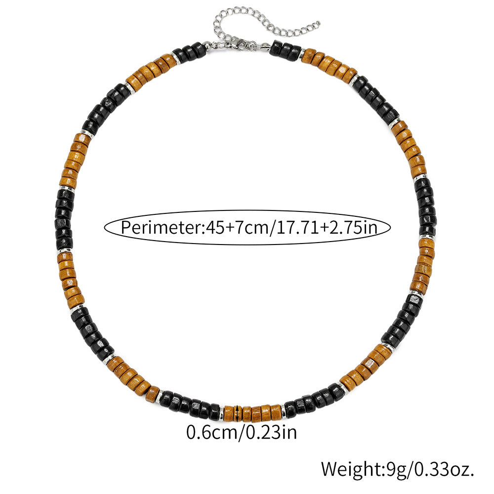 Bohemian Geometric Round Wood Bead Stainless Steel Cable Chain Necklace for Unisex