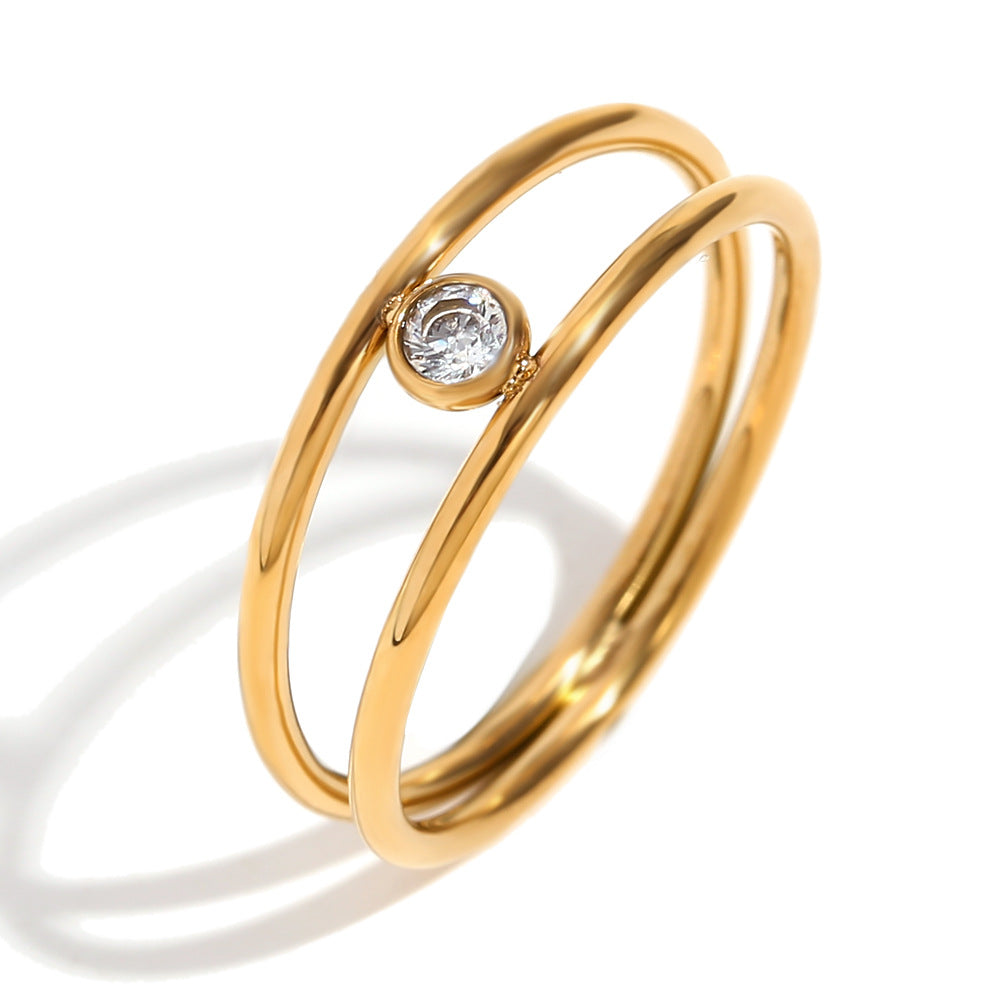 Minimalist Geometric Stainless Steel Ring with 18K Gold Plating and White Rhinestone Accents for Women